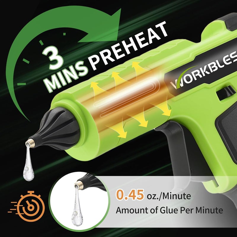WorkBless Cordless Hot Glue Gun, Battery Power Full Size Hot Glue Gun with 20V 2Ah Battery, Leak-Proof Nozzle Heavy and Duty Glue Gun for Industrial & Crafts, 30pcs 11mm Full Size Glue Stick - Image 3